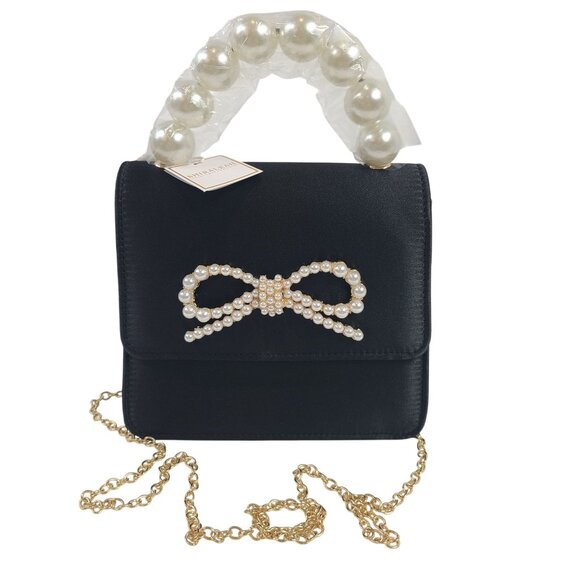 Shiraleah Handbags - NWT Shiraleah Black Maude Mini Top Handle Bag Pearl Bow Accent Gold Chain Strap